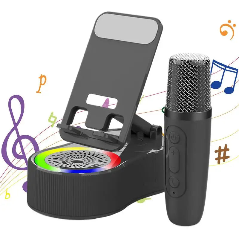 All-in-One Phone Stand with Wireless Speaker, LED Lights & Karaoke Microphone