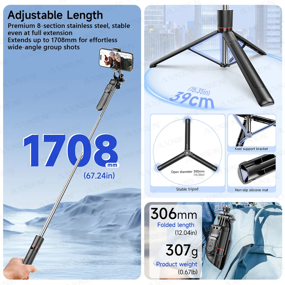 All-in-One Creator Kit: 67" Extendable Selfie Stick Tripod with Bluetooth Remote - Lxvita