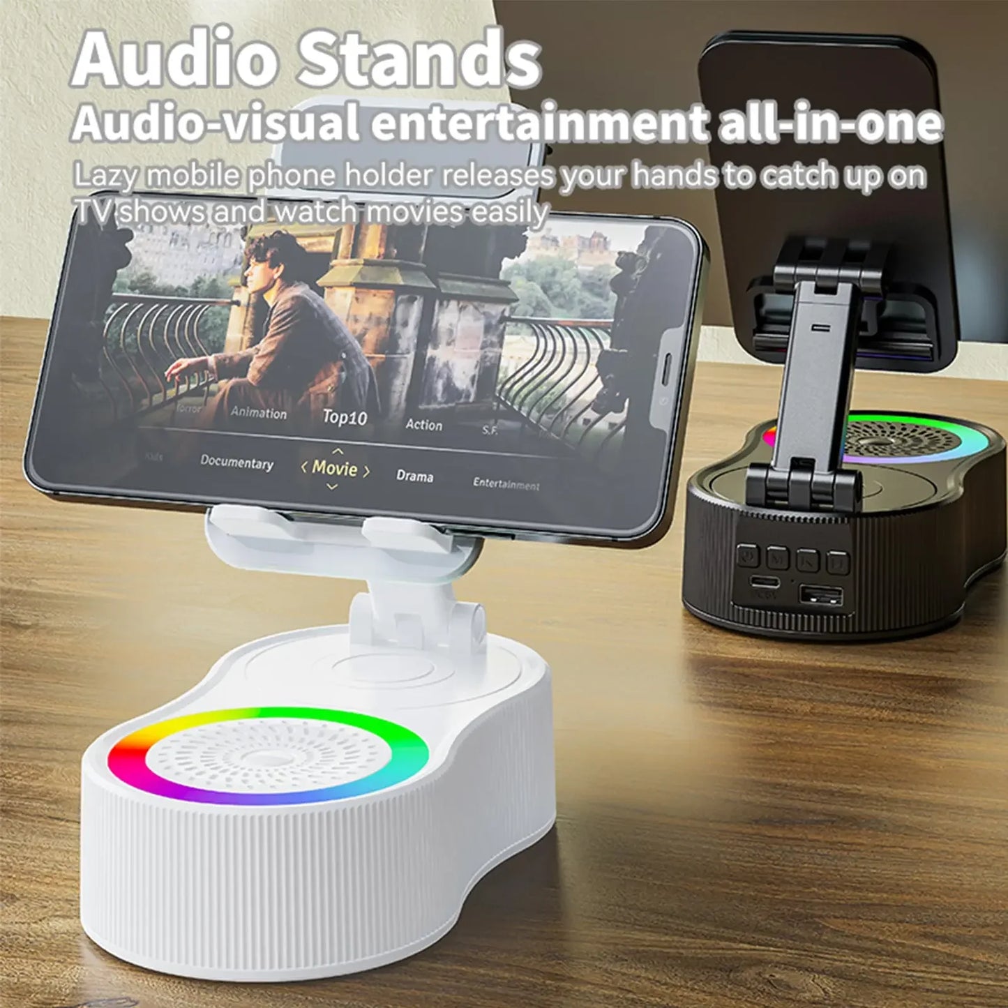 Multi-Functional Rotating Bluetooth Speaker Stand with RGB Lighting & Power Bank Function