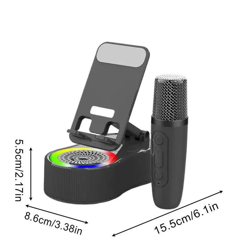 All-in-One Phone Stand with Wireless Speaker, LED Lights & Karaoke Microphone