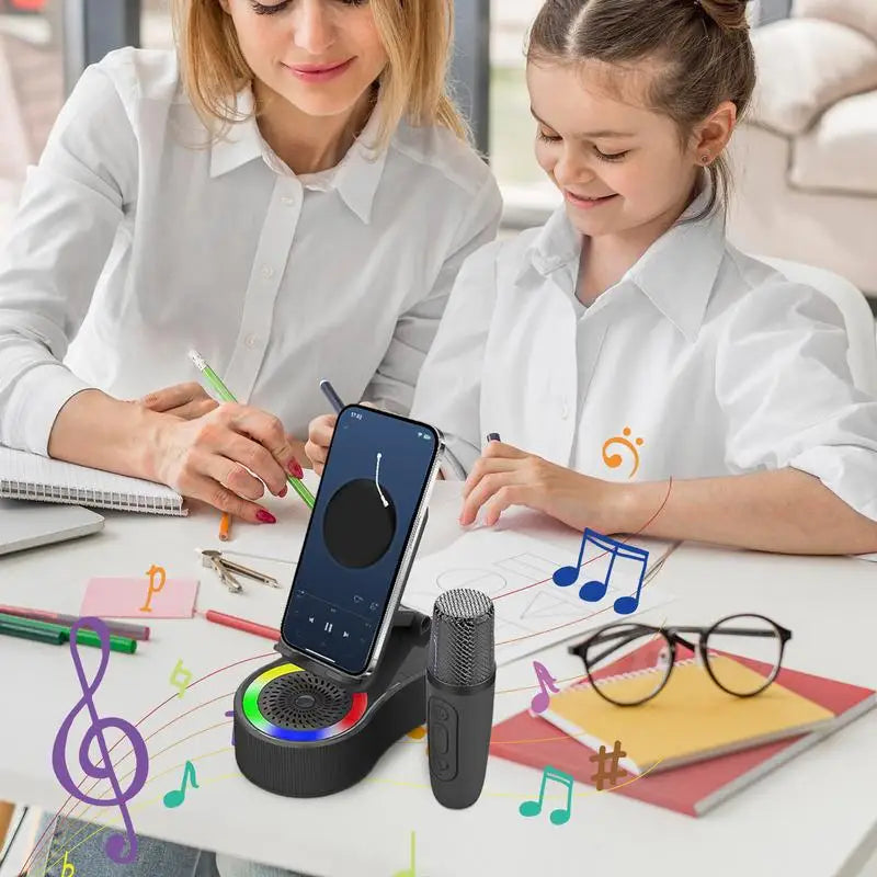 All-in-One Phone Stand with Wireless Speaker, LED Lights & Karaoke Microphone