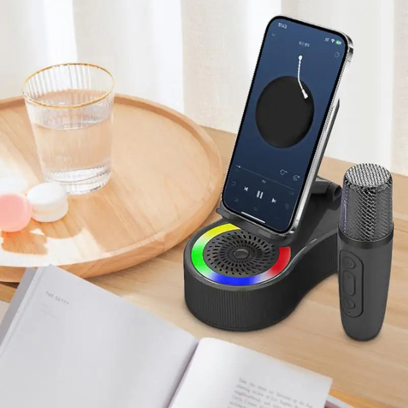 All-in-One Phone Stand with Wireless Speaker, LED Lights & Karaoke Microphone