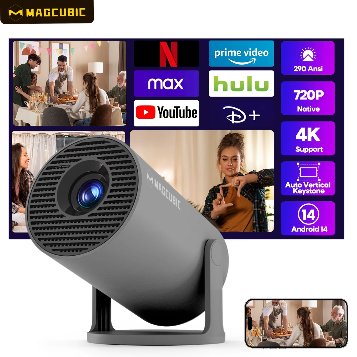 Magcubic HY300 Pro Smart Projector: 4K Android 14, Wi-Fi 6, 290 ANSI, Outdoor Portable - Lxvita