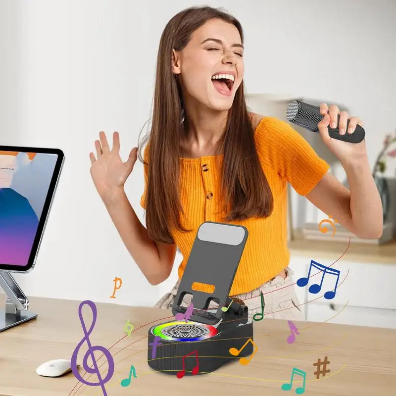 All-in-One Phone Stand with Wireless Speaker, LED Lights & Karaoke Microphone