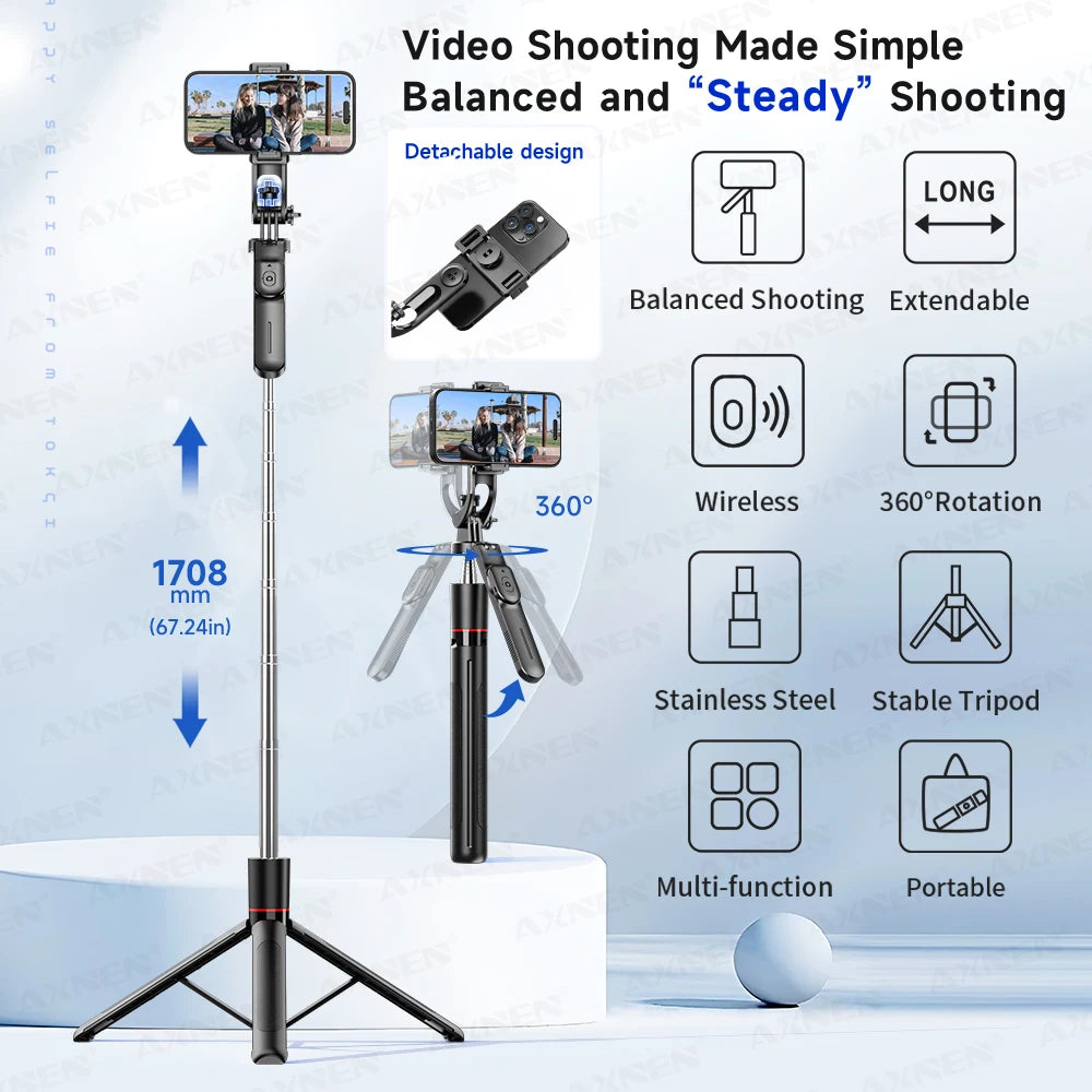All-in-One Creator Kit: 67" Extendable Selfie Stick Tripod with Bluetooth Remote - Lxvita